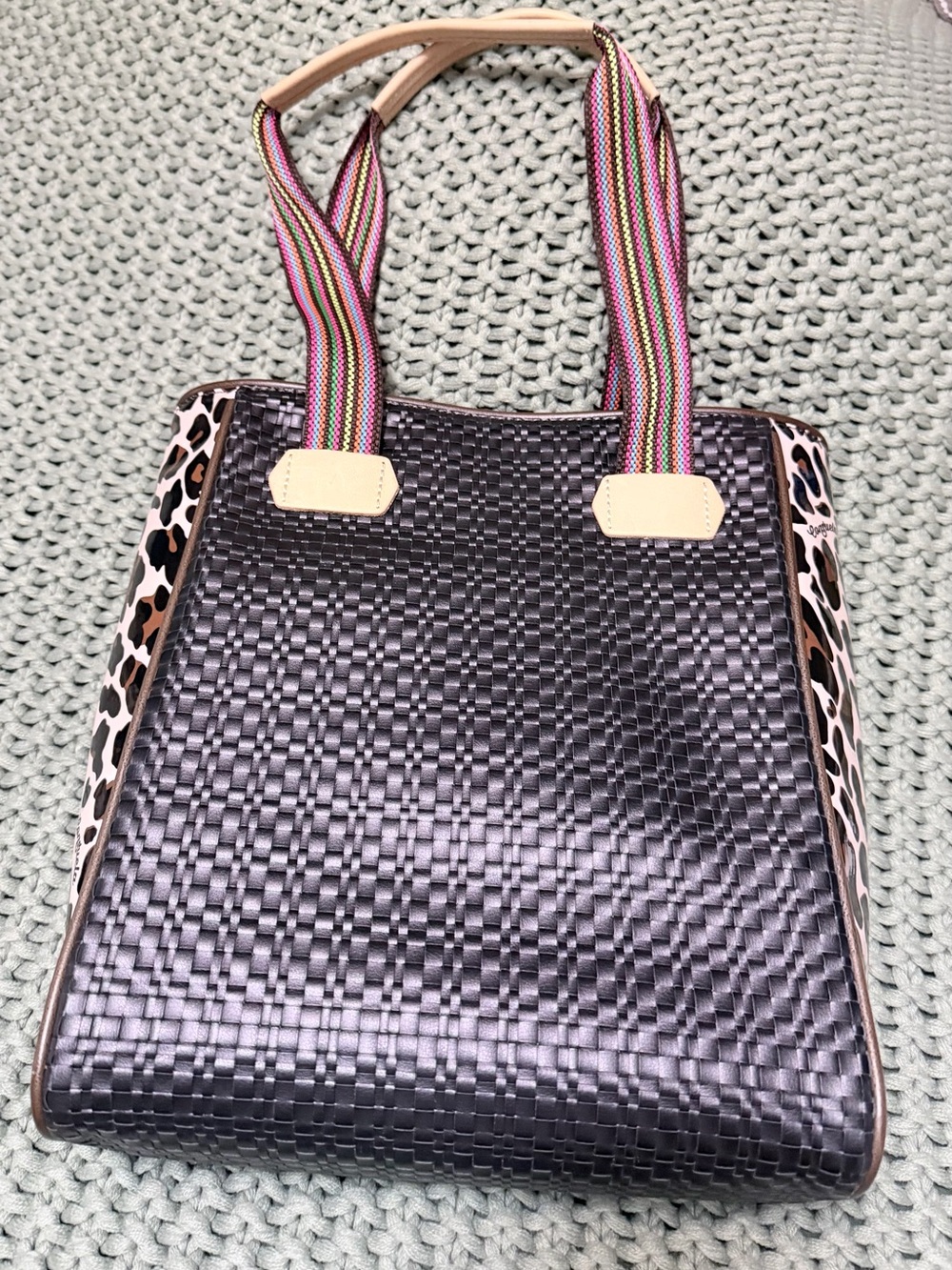 Consuela Black Woven Tote with Leopard Print Sides and Multicolor Straps - Picture 3 of 6